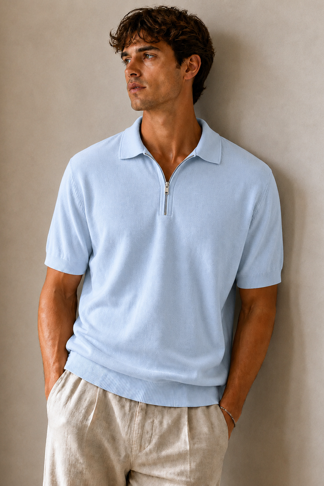 Swiss Zipper Knitted Sky blue Polo