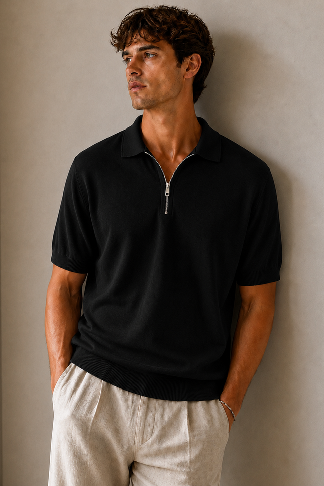 Swiss Zipper Knitted Black Polo