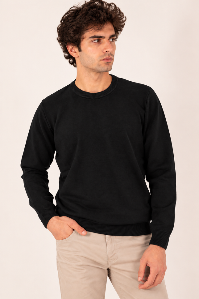 Black Ribbed Crew Neck Sweater