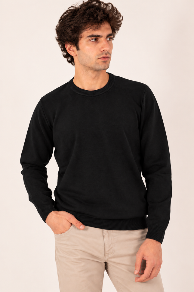 Black Ribbed Crew Neck Sweater