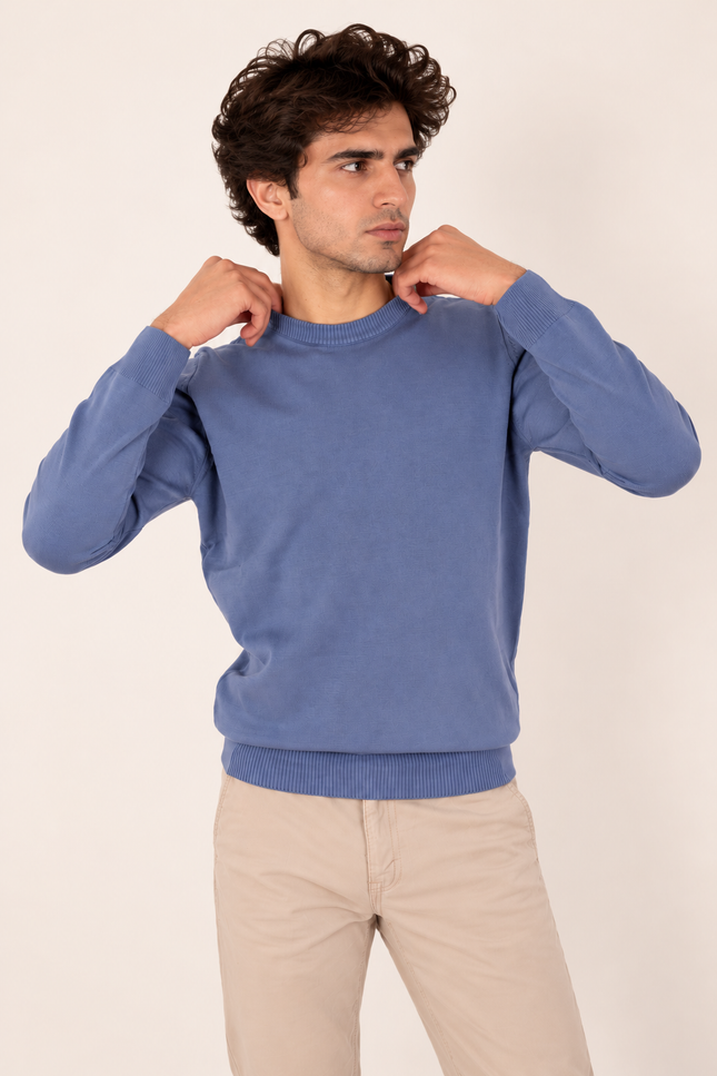 Steel Blue Ribbed Crew Neck Sweater